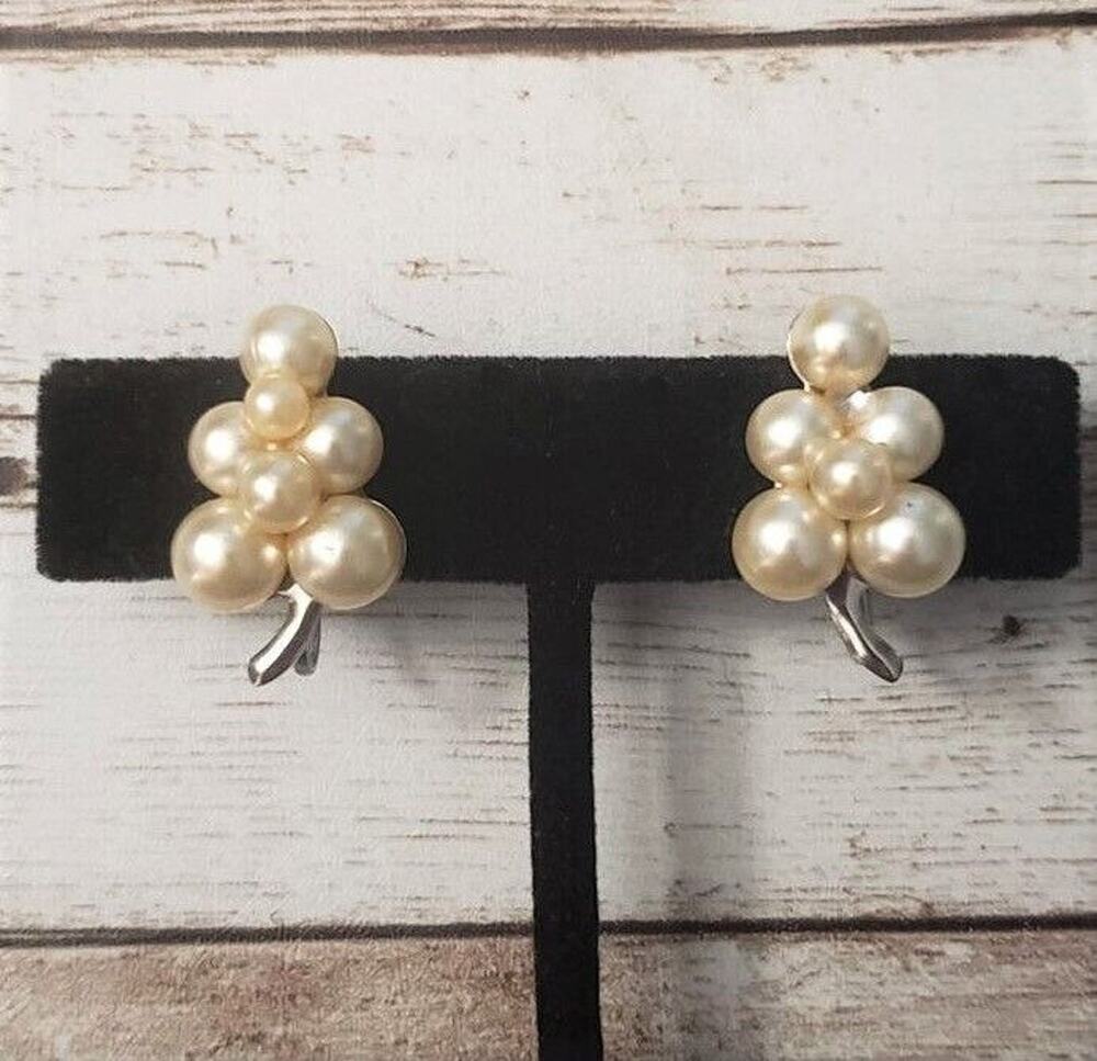 Vintage Screw Back Earrings Bunch of Faux Pearls - 1 Missing